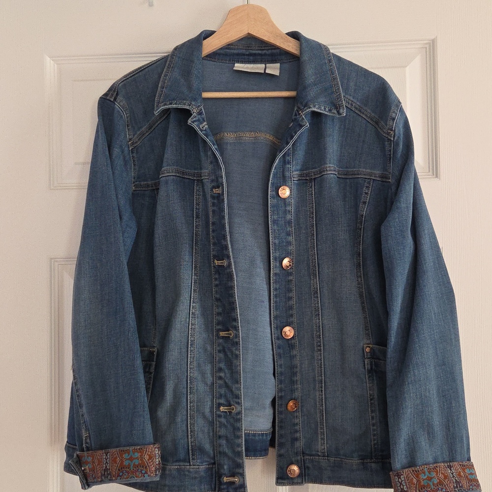 Chico's Size 2 - Medium Blue Denim Jacket with Tan Stitching